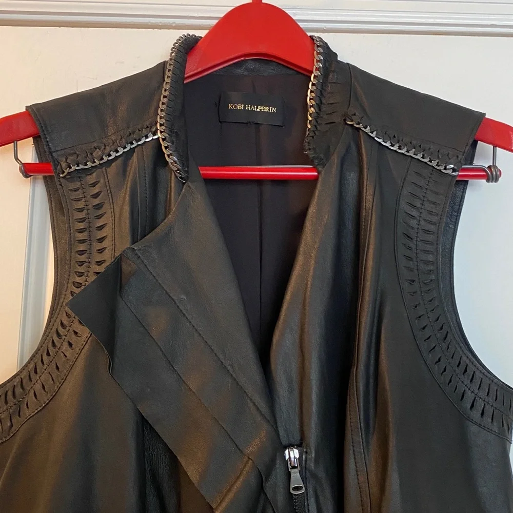 Kobi Halperin 💯Genuine Leather Black Silver Chain Full Zip Ruffled Vest - Picture 7 of 16